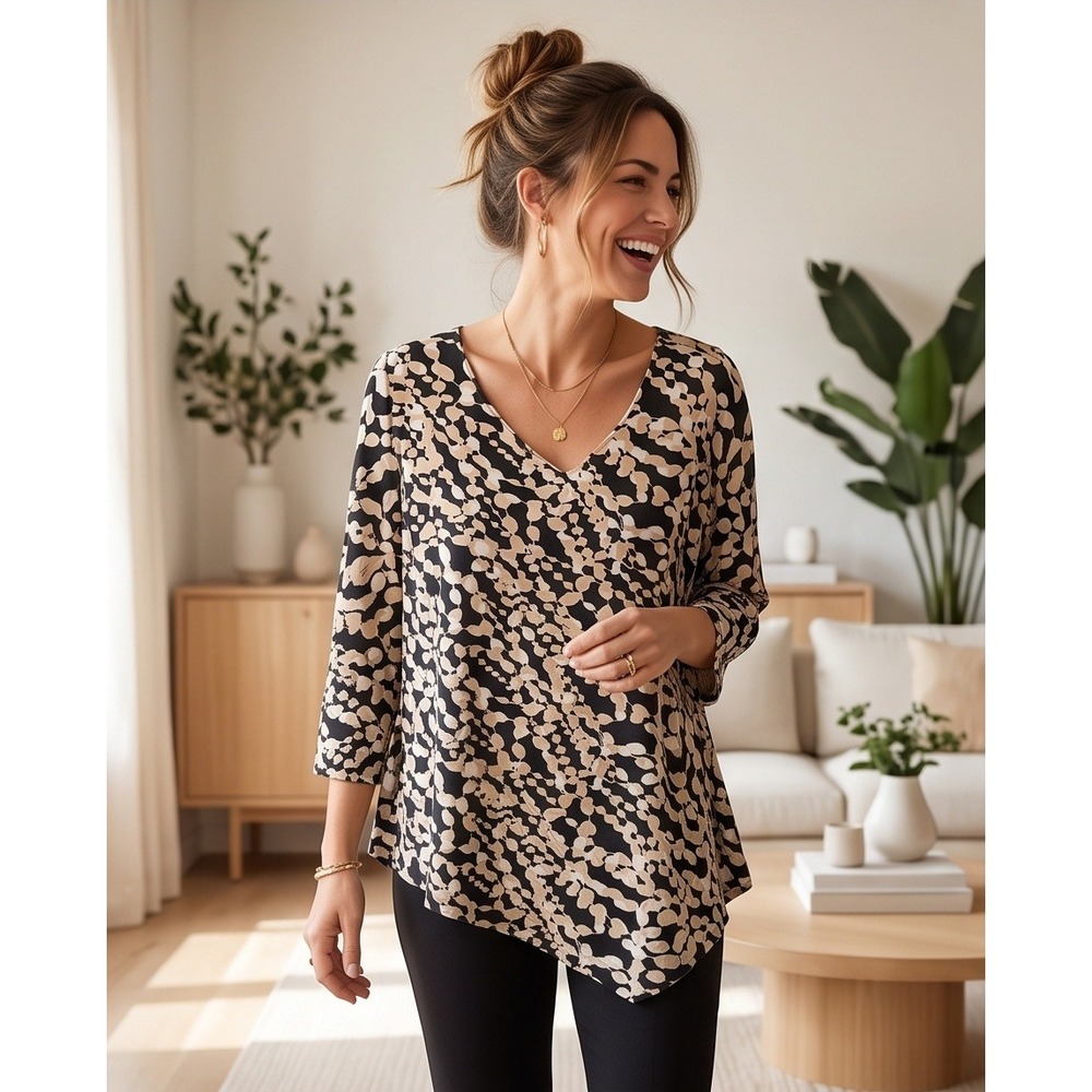 Antthony Womens 1X Asymmetric Sharkbite Tunic Blouse Black Tan Geometric NWT